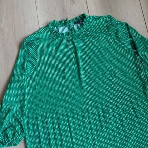 Adrianna Papell Green Polka Dot Ruffle Neck Long Sleeve Blouse Top M